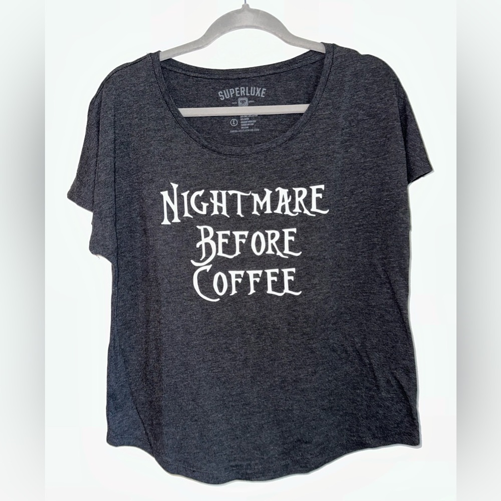 Nightmare Before Coffee woman’s gray LG shirt- NBC pun